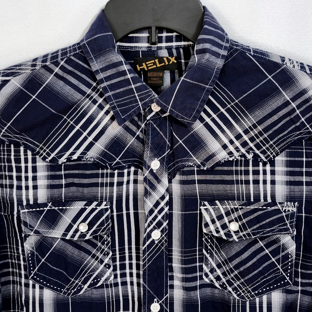 Helix Plaid Long Sleeve Button Up Shirt Mens Medium Blue White Casual Western‎
